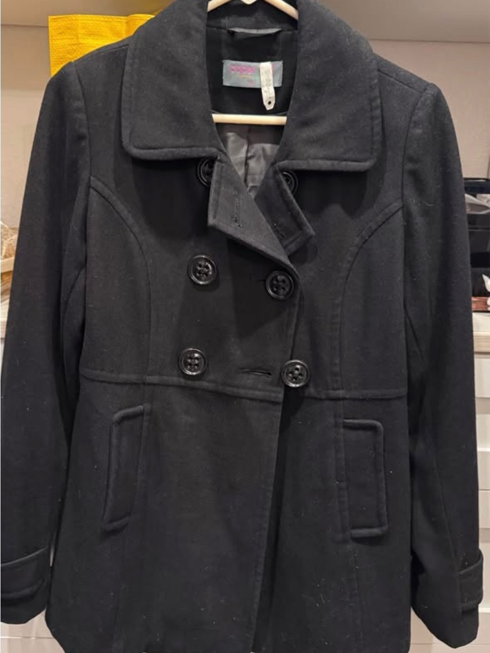 Women's Black Double-Breasted Wool Blend Peacoat (Paper Moon - Medium)